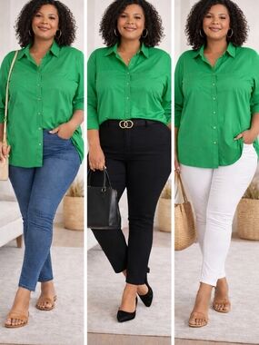 Wendy Williams 3X Green Button Down Shirt Tunic Blouse Plus Size NWT